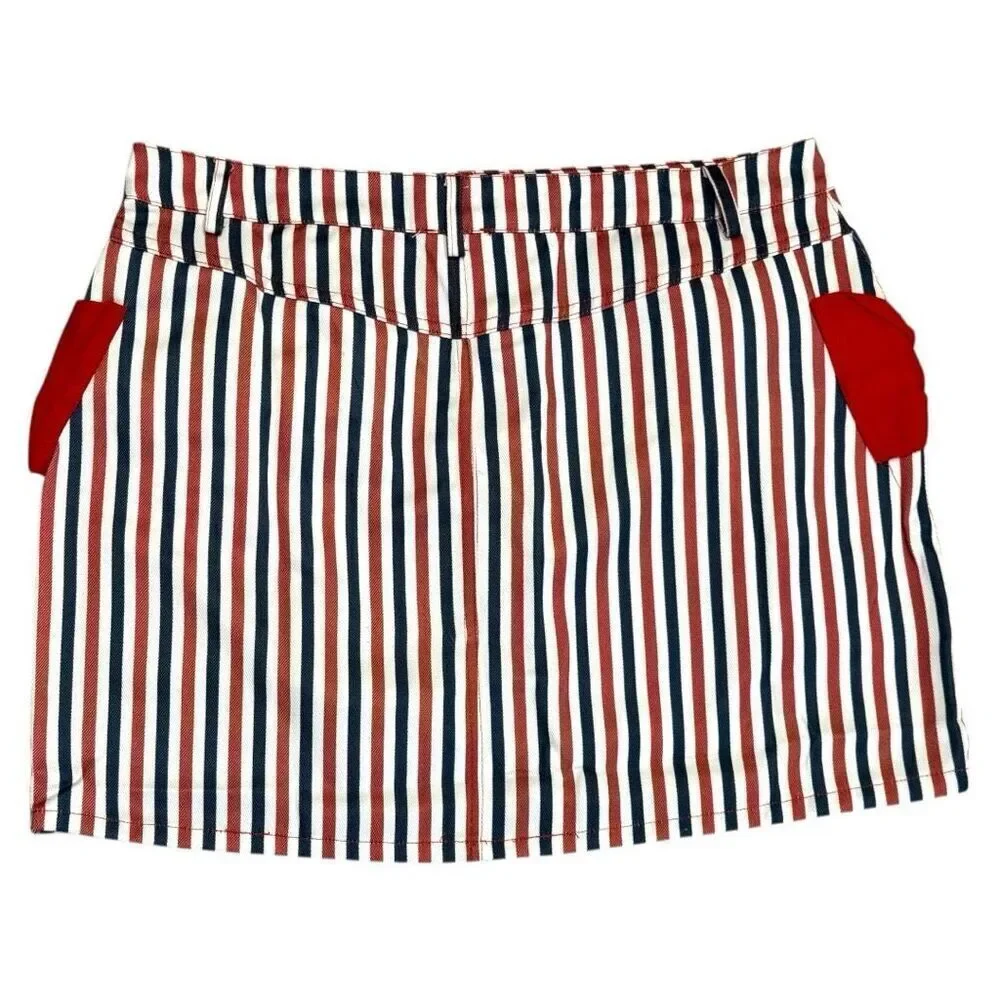 Denim Mini Skirt Patriotic Flag USA Red White Blue Striped Bow Pocket XL SO ME - Picture 12 of 13